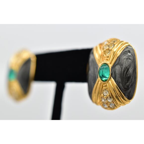 KJL Avon Cabochon Earrings Green Gray Enamel Gold Tone Stud Pierced Signed 9E - Picture 2 of 12